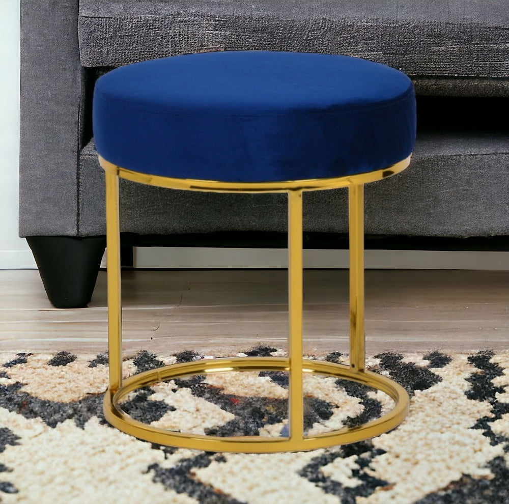 Homeroots 16" Blue Velvet And Gold Round Footstool Ottoman   473164