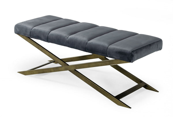 Homeroots 47" Gray And Gold Upholstered Velvet Dining Bench  Metal 473172