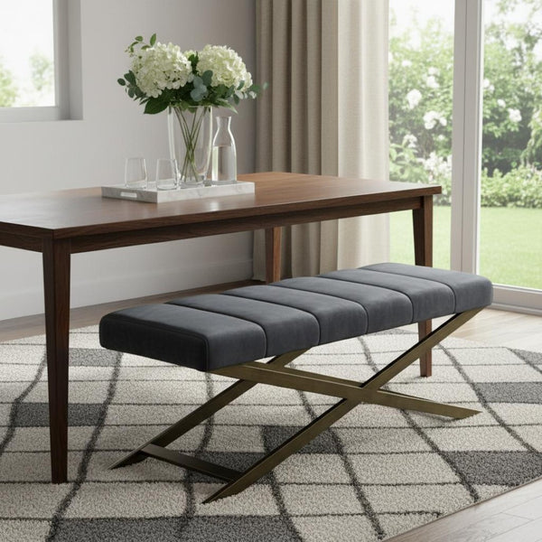 HomeRoots 47" Gray and Gold Velvet Dining Bench - Plush Upholstered Seating for Two, Stylish and Versatile! 473172