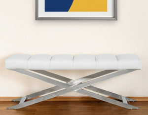 Homeroots 47" White And Silver Tufted Faux Leather Upholstered Dining Bench  Metal 473173