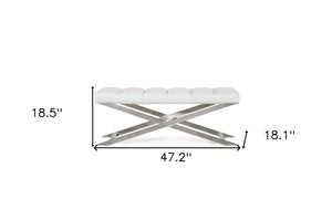 Homeroots 47" White And Silver Tufted Faux Leather Upholstered Dining Bench  Metal 473173