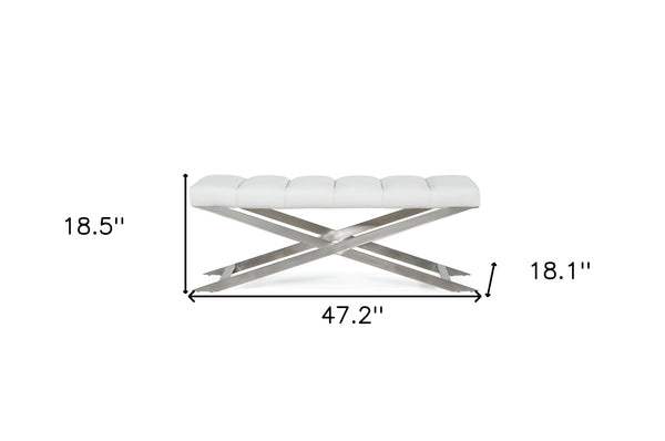 Homeroots 47" White And Silver Tufted Faux Leather Upholstered Dining Bench  Metal 473173