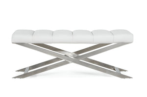 Homeroots 47" White And Silver Tufted Faux Leather Upholstered Dining Bench  Metal 473173