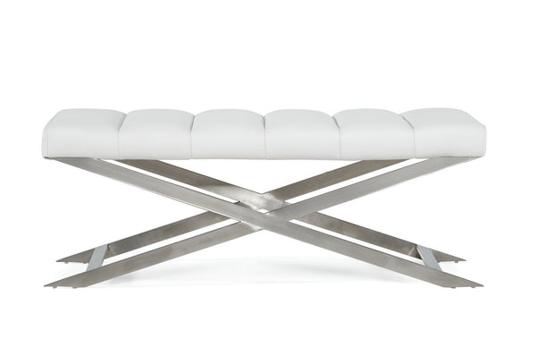 Homeroots 47" White And Silver Tufted Faux Leather Upholstered Dining Bench  Metal 473173