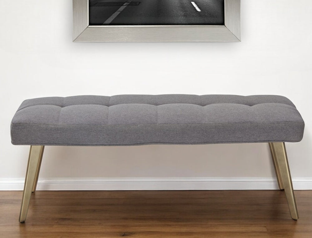 Homeroots 47" Gray And Antiqued Brass Tufted Linen Blend Upholstered Dining Bench  Metal 473174