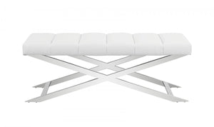 Homeroots 47" White And Silver Tufted Faux Leather Upholstered Dining Bench  Metal 473176