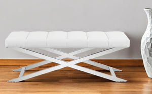 Homeroots 47" White And Silver Tufted Faux Leather Upholstered Dining Bench  Metal 473176