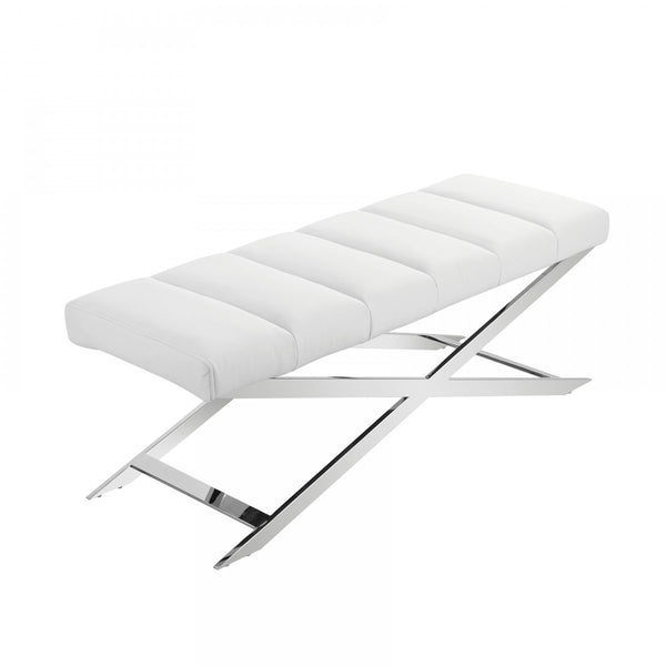 Homeroots 47" White And Silver Tufted Faux Leather Upholstered Dining Bench  Metal 473176