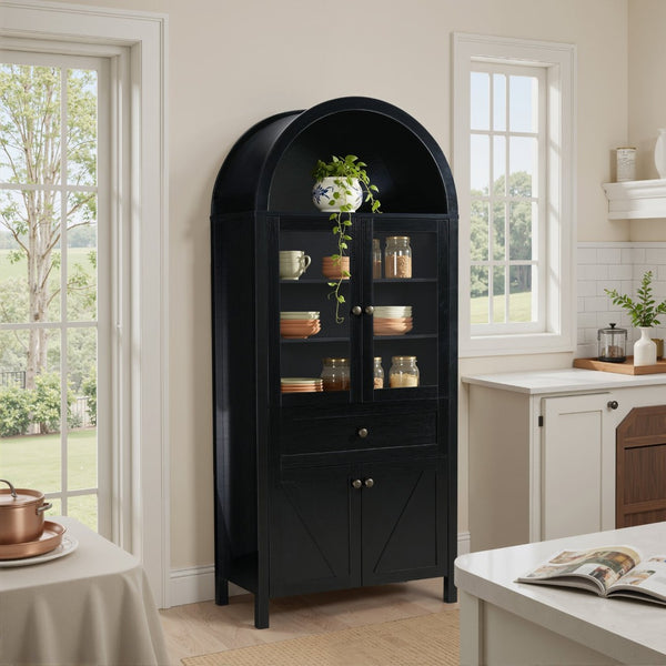 English Elm Dome Top Apothecary Cabinet Antique Inspired Tall Storage with Arched Silhouette Black W1785S00002