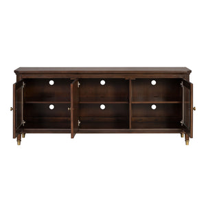 English Elm Modern 70" TV Stand Dark Cherry Finish with Gold Accents, 3 Felt-Lined Drawers, Sturdy Wood Design B2741P395430