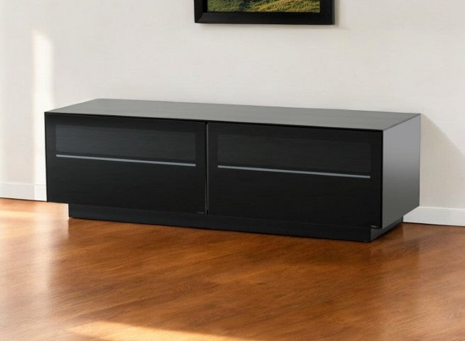 Homeroots 59" Modern Black Glass And Wood Enclosed Tv Stand With Smart Cable Management For Stylish Storage  Glass,Manufactured Wood 473285