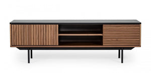 HomeRoots 63" Walnut and Gray Wood TV Stand with Open Shelves, Enclosed Storage, and Cable Management Solution 473295