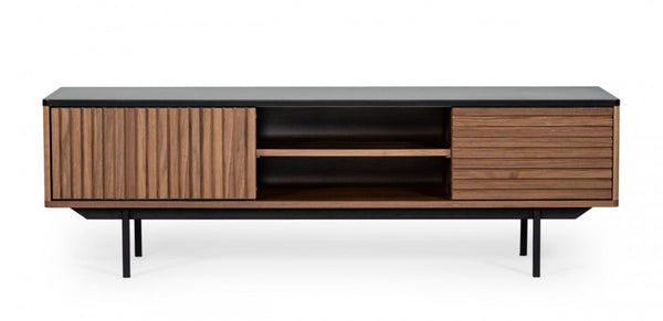HomeRoots 63" Walnut and Gray Wood TV Stand with Open Shelves, Enclosed Storage, and Cable Management Solution 473295