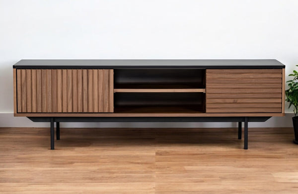 HomeRoots 63" Walnut and Gray Wood TV Stand with Open Shelves, Enclosed Storage, and Cable Management Solution 473295