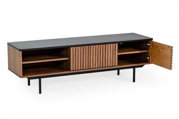 HomeRoots 63" Walnut and Gray Wood TV Stand with Open Shelves, Enclosed Storage, and Cable Management Solution 473295