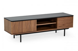 HomeRoots 63" Walnut and Gray Wood TV Stand with Open Shelves, Enclosed Storage, and Cable Management Solution 473295