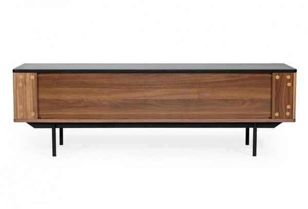 HomeRoots 63" Walnut and Gray Wood TV Stand with Open Shelves, Enclosed Storage, and Cable Management Solution 473295