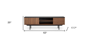 HomeRoots 63" Walnut and Gray Wood TV Stand with Open Shelves, Enclosed Storage, and Cable Management Solution 473295