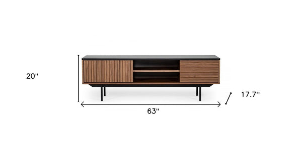 HomeRoots 63" Walnut and Gray Wood TV Stand with Open Shelves, Enclosed Storage, and Cable Management Solution 473295