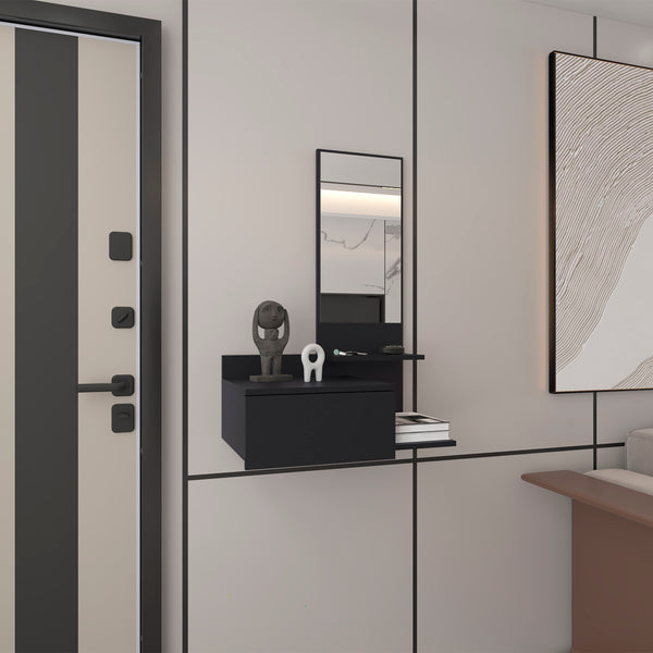 English Elm Floating Hallway Cabinet with Mirror and Drawer, 3 Open Shelves, Space-Saving Modern Entryway Storage Black 31.5 L x 18.11 W x 5.91 H B097P250897