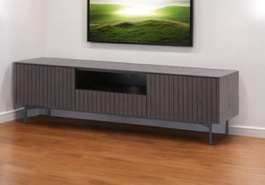 HomeRoots 63" Industrial Style Dark Brown Wood & Black Metal Storage TV Stand with Open Shelves & Cabinets 473298