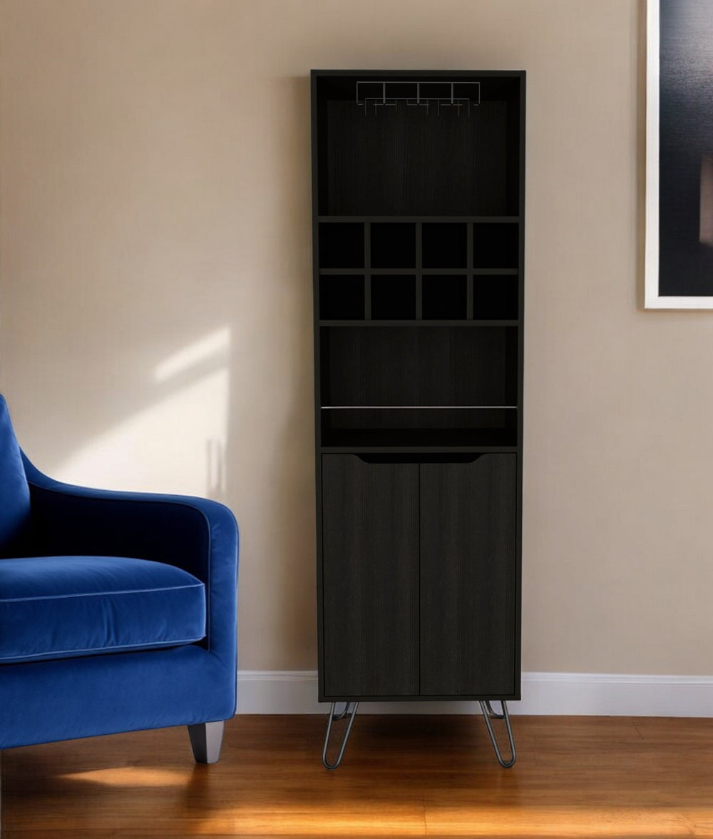Homeroots 71" Black Tall Bar Cabinet With Two Door Panels And Top Wine Glass Rack  Particle Board 473306
