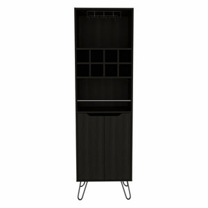 Homeroots 71" Black Tall Bar Cabinet With Two Door Panels And Top Wine Glass Rack  Particle Board 473306