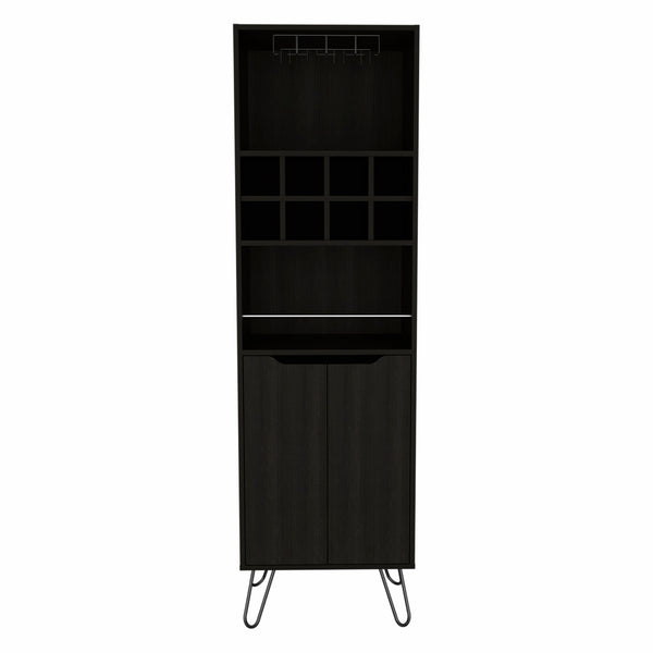 Homeroots 71" Black Tall Bar Cabinet With Two Door Panels And Top Wine Glass Rack  Particle Board 473306