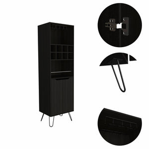 Homeroots 71" Black Tall Bar Cabinet With Two Door Panels And Top Wine Glass Rack  Particle Board 473306