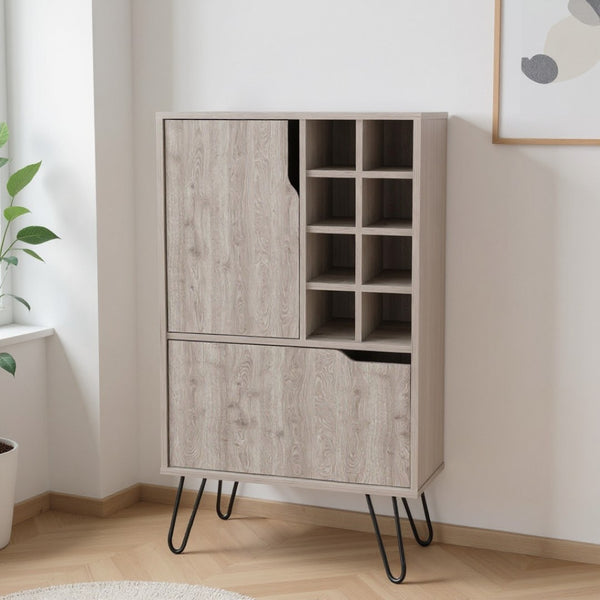 HomeRoots Light Gray Bar Cabinet with Modern Design, Spacious Storage & Stylish Geometric Metal Legs 473307