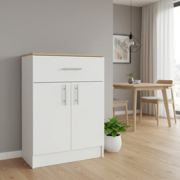 HomeRoots 34" Light Oak Pantry Cabinet – Modern White Storage with Countertop, Adjustable Shelves & Style 473313