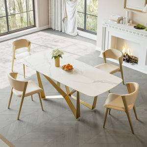 English Elm Carbon Steel Dining Table with Stone Top and Matte Black Frame for Modern Rooms W1002S00003