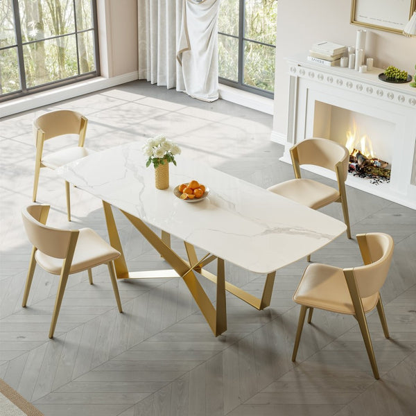 English Elm Carbon Steel Dining Table with Stone Top and Matte Black Frame for Modern Rooms W1002S00003