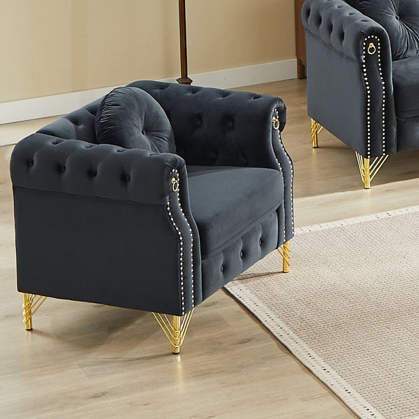 English Elm Velvet Tufted Chesterfield Sofa with Copper Stud Trim and Gold Metal Legs Black W834P423610