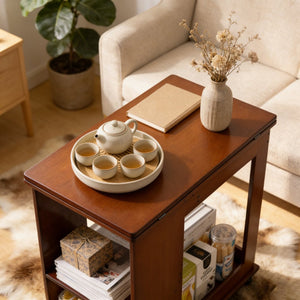 English Elm Bamboo Folding Side Table with Integrated Storage for Bedroom or Sofa Spaces W2641P454908