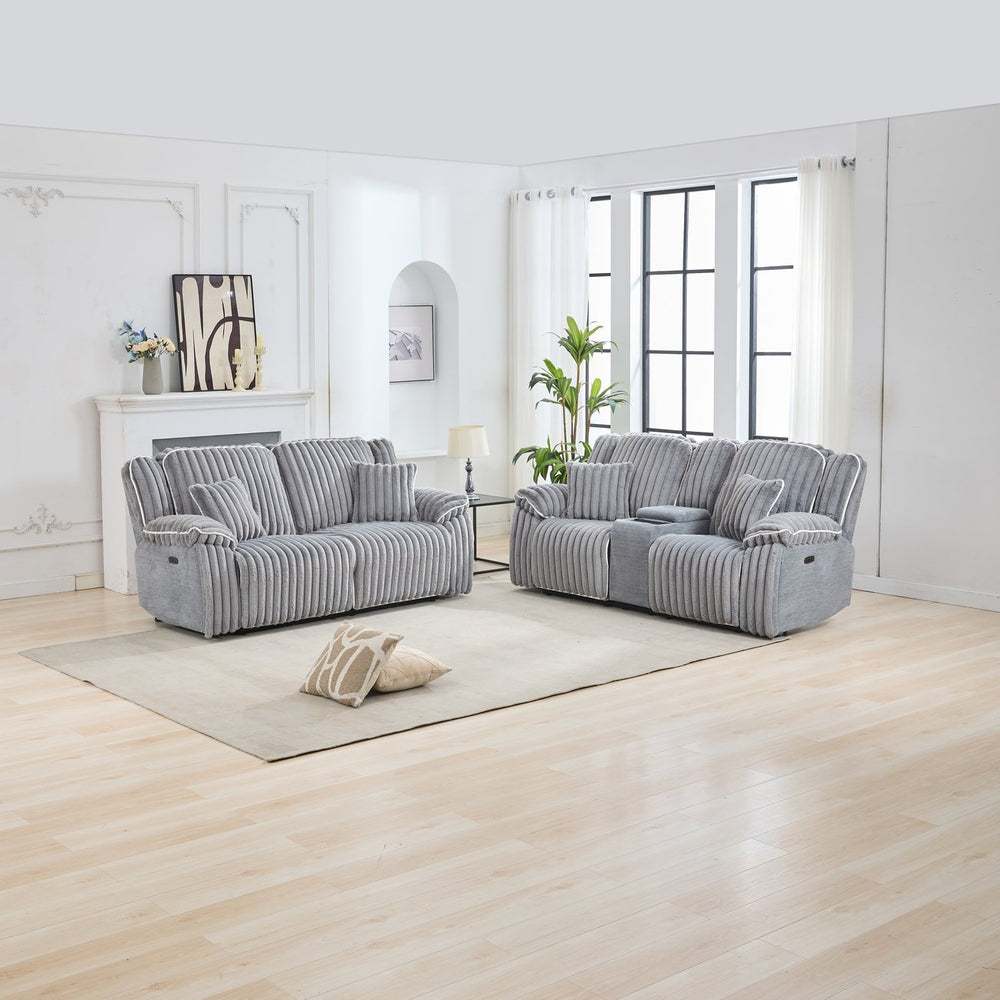 English Elm M079 Power Reclining Sofa & Loveseat Set In Soft Grey Fabric - Ultimate Comfort & Tech Features W1805S00105