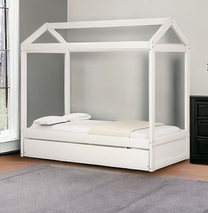 Homeroots White Wood Twin Canopy Bed Frame With Trundle  Manufactured Wood 473523