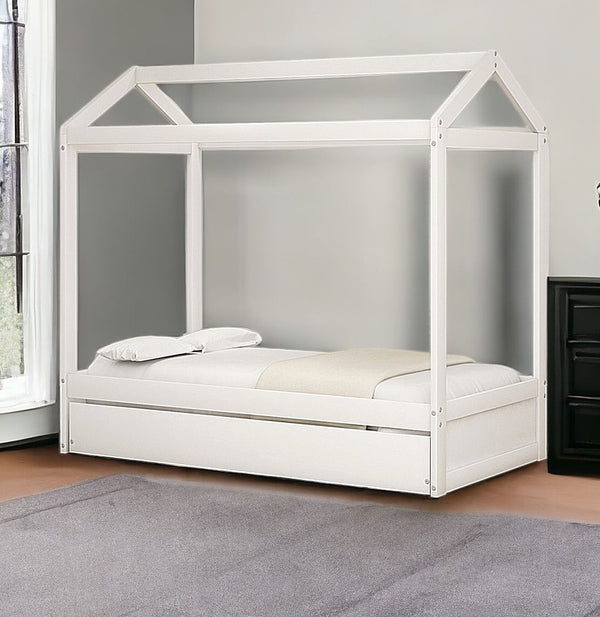 Homeroots White Wood Twin Canopy Bed Frame With Trundle  Manufactured Wood 473523