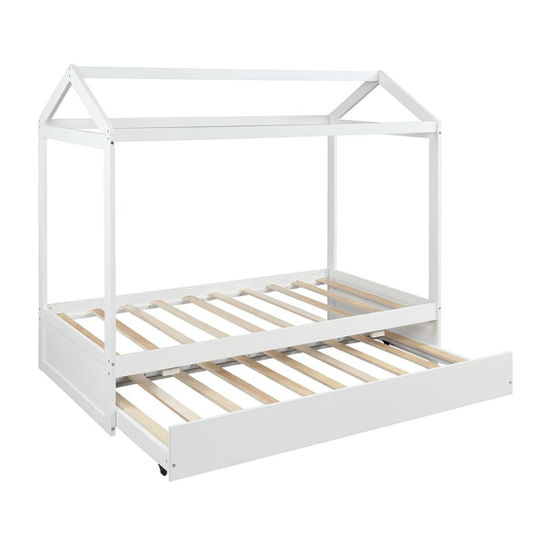 Homeroots White Wood Twin Canopy Bed Frame With Trundle  Manufactured Wood 473523