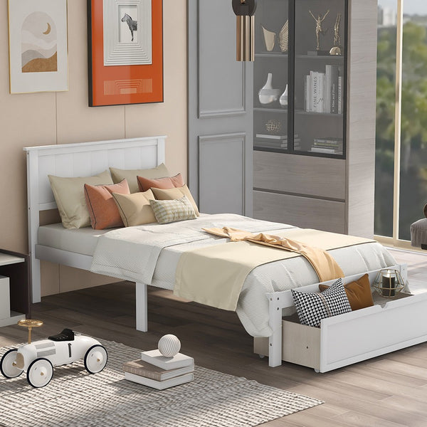 Homeroots White Wood Twin Bed Frame  Manufactured Wood 473525