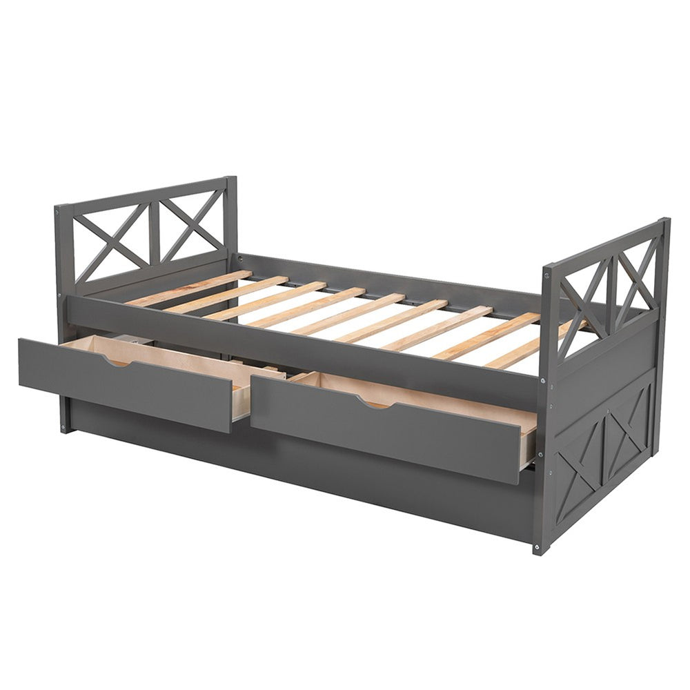 Homeroots Gray Wood Twin Bed Frame With Trundle  Manufactured Wood 473535