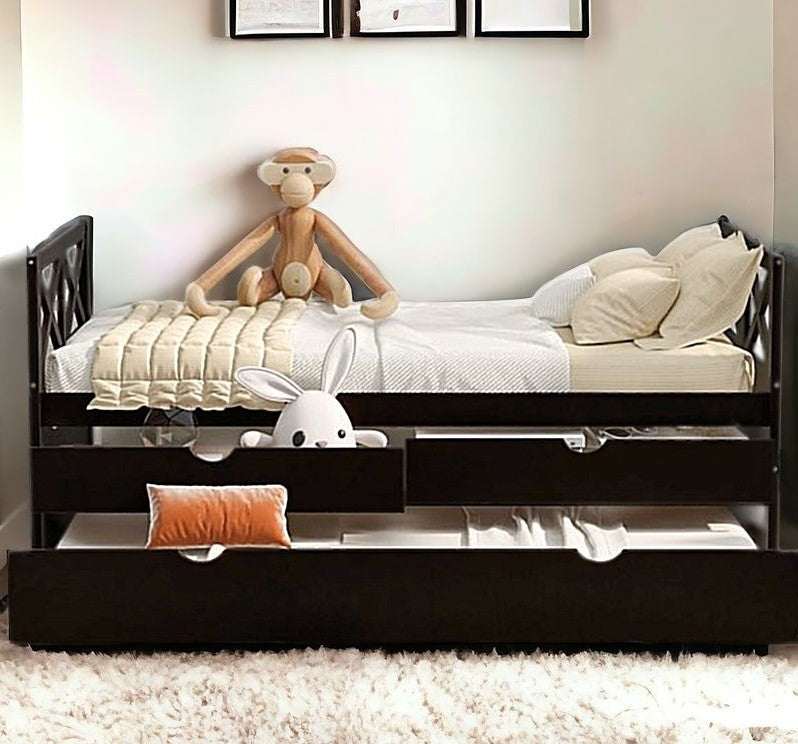 Homeroots Espresso Wood Twin Bed Frame With Trundle  Manufactured Wood 473537