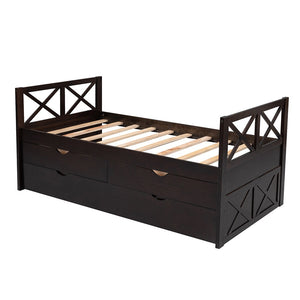 Homeroots Espresso Wood Twin Bed Frame With Trundle  Manufactured Wood 473537