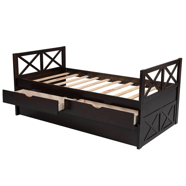 Homeroots Espresso Wood Twin Bed Frame With Trundle  Manufactured Wood 473537