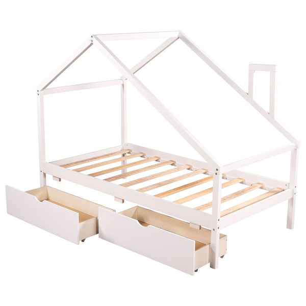 Homeroots White Wood Twin Four Poster Bed Frame  Manufactured Wood 473548