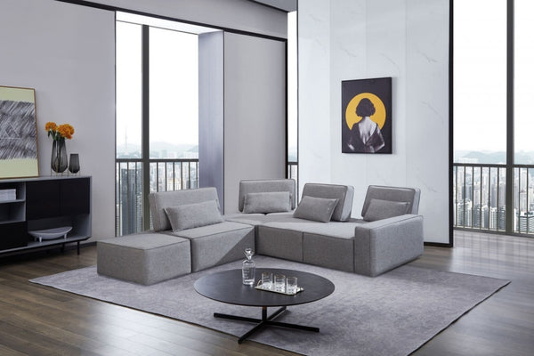 HomeRoots Light Gray Modular L-Shaped Sectional Sofa Set with Ottoman & Toss Pillows for Modern Living Spaces 473570