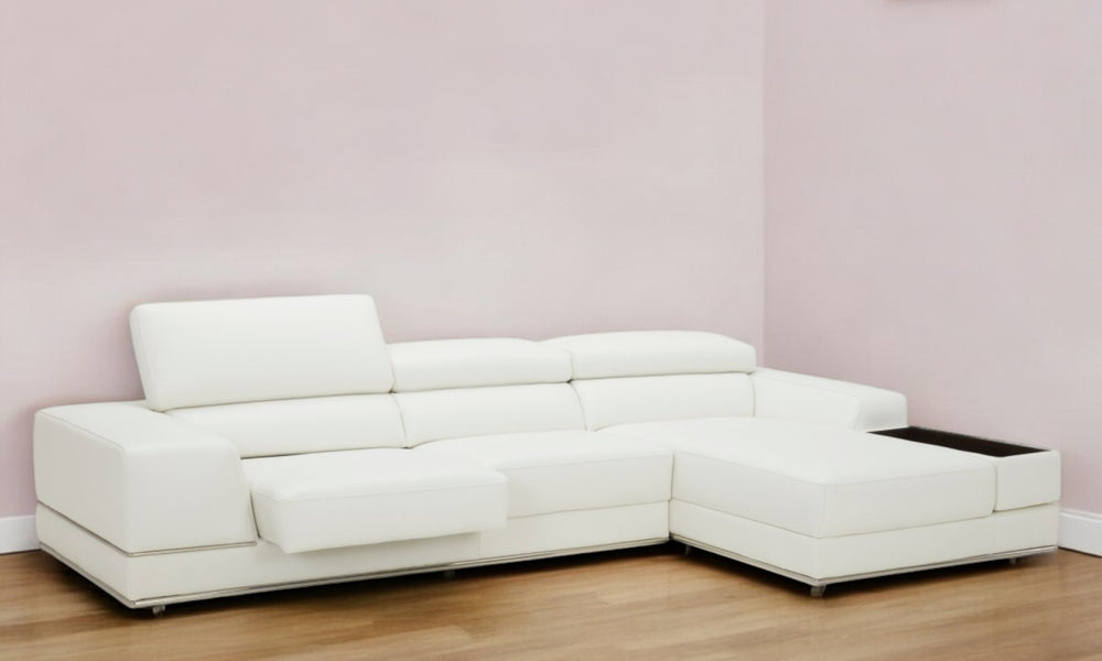 Homeroots Contemporary White Leather Right Facing Wide Arm Sectional Sofa   473573