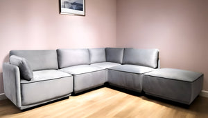 Homeroots Modern Light Gray Velvet And Black Sectional Sofa With Ottoman   473582