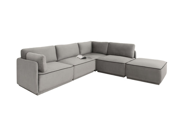Homeroots Modern Light Gray Velvet And Black Sectional Sofa With Ottoman   473582