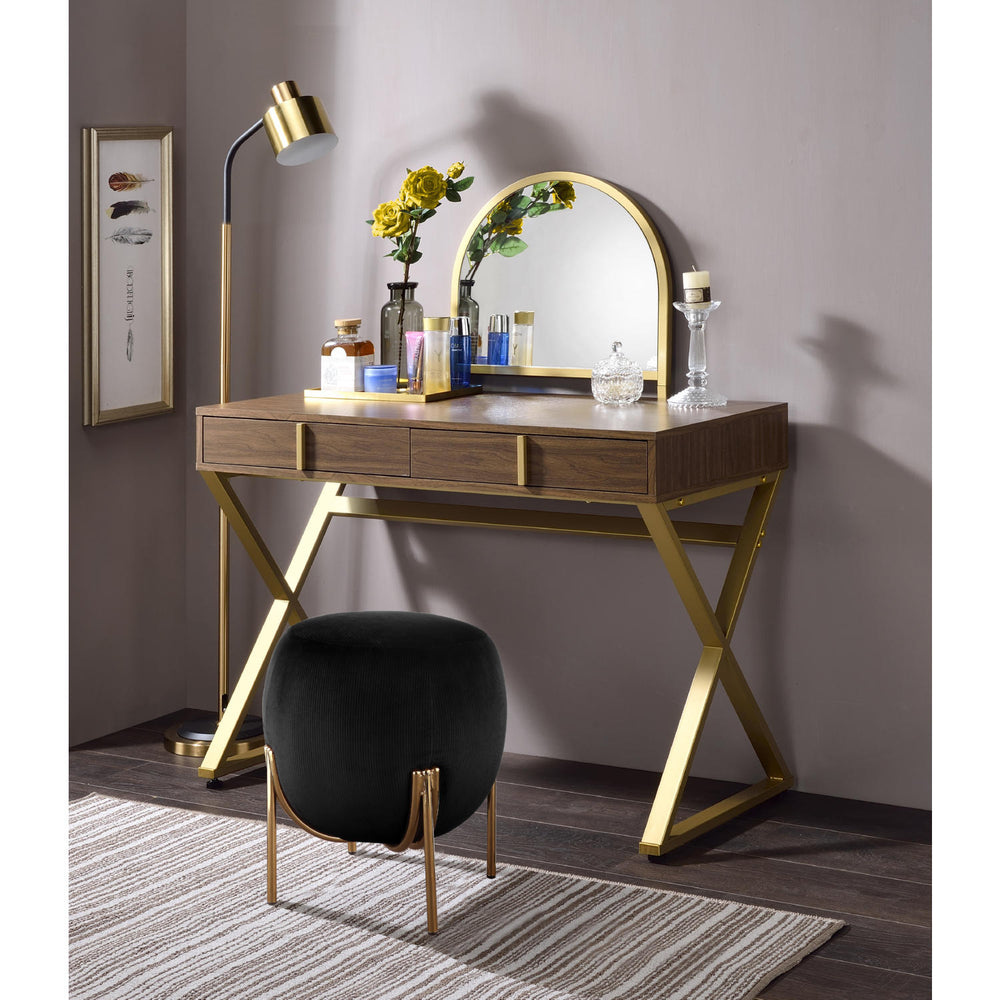 English Elm 2 Drawers Vanity Desk With Elegant Mirror & Jewelry Tray, Modern Walnut & Gold Finish For Chic Spaces B016P317489